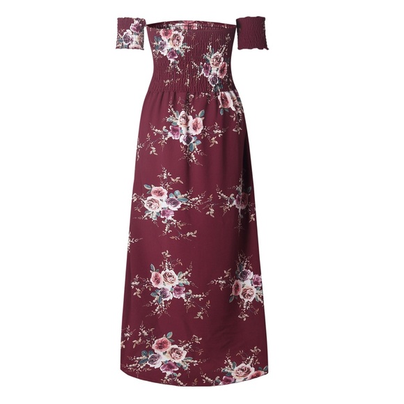 HP! Vacation Ready wine floral off shoulder dress - Picture 7 of 8